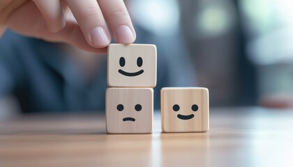 Customer Hand Selecting Smiley Face And Blurred Sad Face On Wooden Cube: Service Rating And Satisfaction Evaluation.