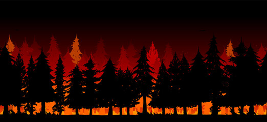 Vector illustration of a burning forest in silhouette style. Features dark trees, orange and red flames, and heavy smoke. A dramatic image symbolizing wildfire, climate change, and environmental destr