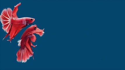Two vibrant red betta fish gracefully swimming, showcasing flowing fins against a deep blue backdrop