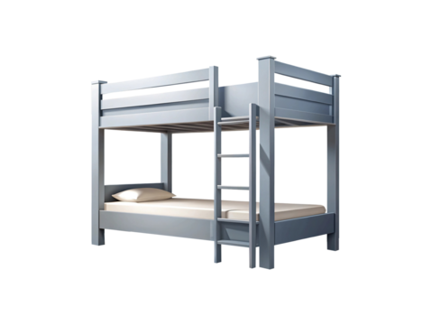 Modern Blue Painted Wooden Bunk Bed with Ladder and Mattress Isolated