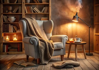 A cozy reading corner with a comfy armchair, a small bookshelf, a steaming cup of tea on a wooden side table, warm lighting, and a knitted blanket draped over the chair. No human presence.