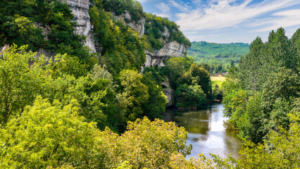 Vezere Valley in Peyzac-le-Moustier, Dordogne, Perigord, France, view of the cliff-side Roque...
