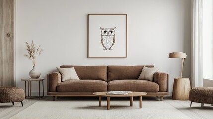 Neutral living room features a brown sofa, owl art, wood accents, and soft textures