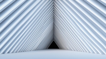 Abstract architecture featuring converging white lines and dark triangular opening