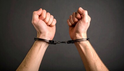 A Powerful Close-Up of Restrained Hands in Metal Handcuffs, Symbolizing Justice, Control, and Tension Under Dramatic Lighting &mdash; A Cinematic Glimpse into Law Enforcement and Consequence