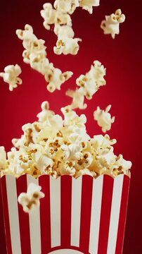 Popcorn falling into red and white striped container against a red colored background scene