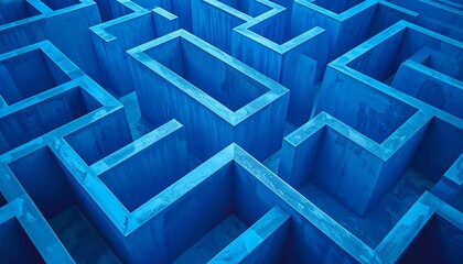 A stunning aerial view of a bright blue maze showcasing intricate winding paths and sharp geometric patterns under natural light, creating a vibrant, futuristic labyrinth design from above