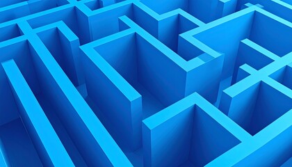 A stunning aerial view of a bright blue maze showcasing intricate winding paths and sharp geometric patterns under natural light, creating a vibrant, futuristic labyrinth design from above