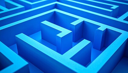 A stunning aerial view of a bright blue maze showcasing intricate winding paths and sharp geometric patterns under natural light, creating a vibrant, futuristic labyrinth design from above