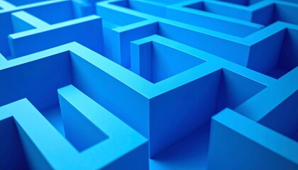 A stunning aerial view of a bright blue maze showcasing intricate winding paths and sharp geometric patterns under natural light, creating a vibrant, futuristic labyrinth design from above
