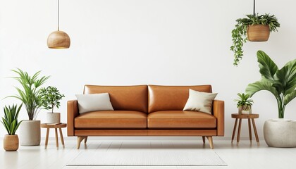 Creating A Cozy And Inviting Atmosphere For Relaxation, A Comfortable Brown Leather Sofa Is Complemented By Wooden Furniture And Potted Plants In A Bright Living Room.
