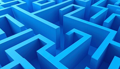 A stunning aerial view of a bright blue maze showcasing intricate winding paths and sharp geometric patterns under natural light, creating a vibrant, futuristic labyrinth design from above