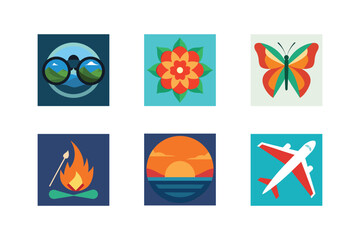 Collection of vibrant and colorful flat design icons representing travel and nature elements