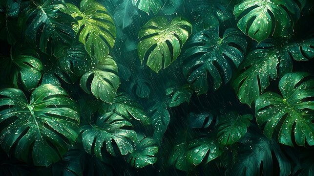 Lush rainforest leaves with rain droplets.