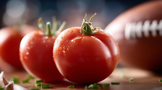 Frische rote Tomaten arrangiert vor American Football Hintergrund