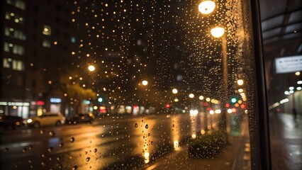 Rain-soaked window with city lights reflecting in the background at night.