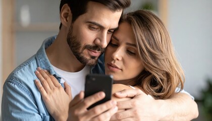 Young couple embracing while looking at a smartphone, showcasing intimacy and connection in a modern living space