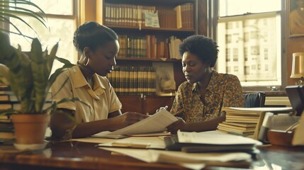 Two women collaborating in a library setting, reviewing documents.  Focused on academic work, or potentially, legal proceedings