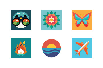 Collection of colorful flat icons representing travel nature adventure and outdoor exploration concepts
