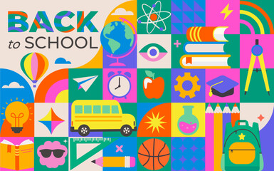 Welcome back to school geometric background with school stationery elements-pencils,books,globe,clock,accessories for sports and creativity. School educational template in square tile style. Vector