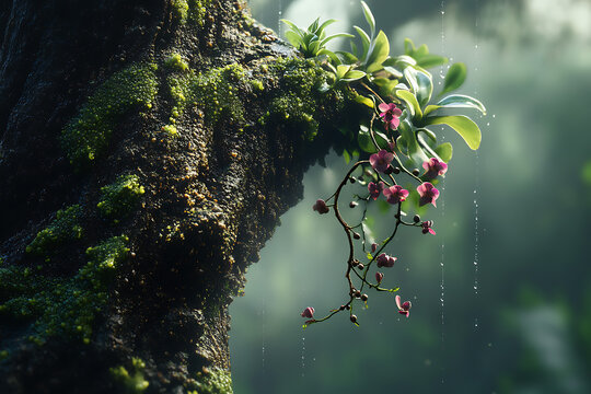 Vine Twisting Around Gnarled Moss Covered Tree