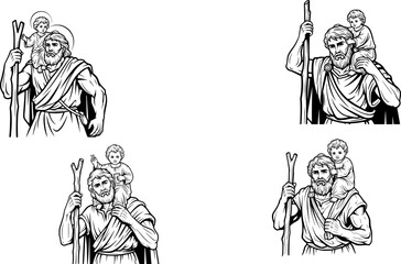saint christopher carrying child jesus hand drawn illustration
