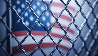 Fototapeta premium Flag Of The United States Displayed Behind A Chain Link Barrier