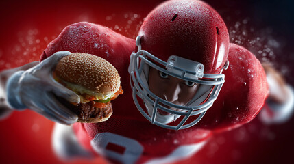 Football-Spieler in roter Uniform hält großen Hamburger statt Ball in der Hand