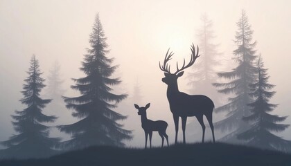 Majestic Deer Family In Enchanting Misty Woods: Buck With Antlers, Elegant Doe, And Adorable Fawn Silhouetted Against Coniferous Trees.