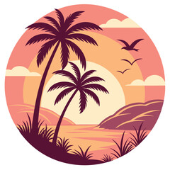 Tropical beach showcases silhouettes of palm trees, birds, and rolling hills at sunset within a circle