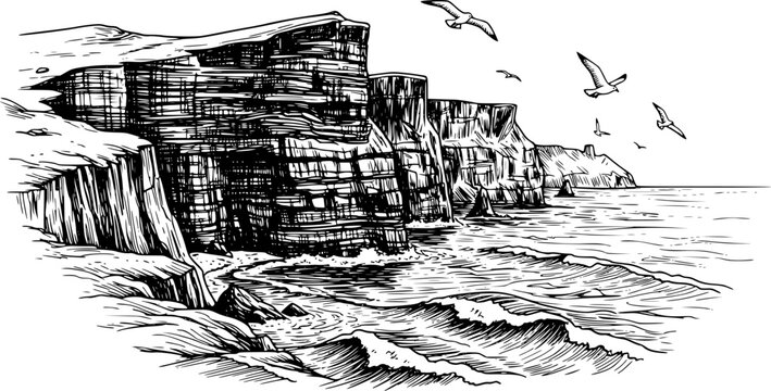 sea cliff coastline hand drawn vector illustration
