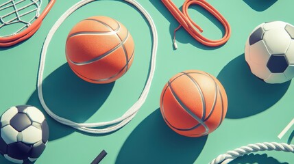 Physical education clipart Concept various sports equipment (basketball, soccer ball, jump rope) neatly arranged, soft, even lighting, flat lay style