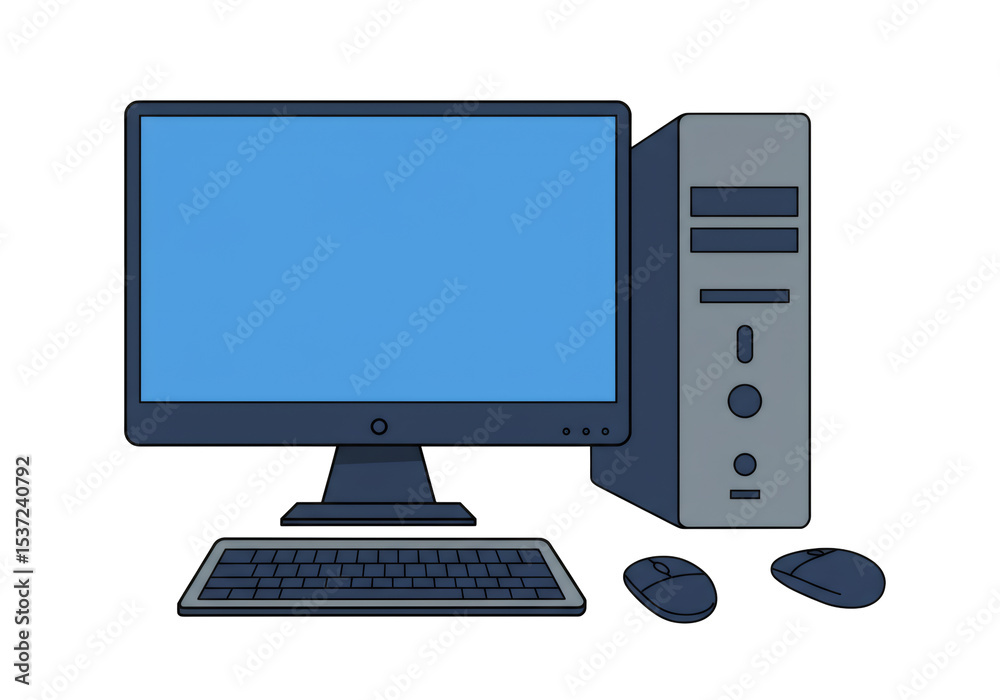 Fototapete modern desktop computer setup blue screen and gray tower with peripherals isolated