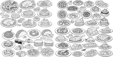 variety of food dishes collection black vector decorative sketch
