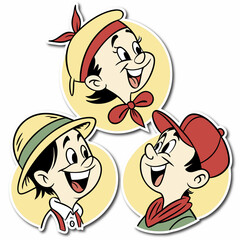 Cartoon retro faces. Vintage emotional face with mascot characters funny faces , eyes and mouths elements.	