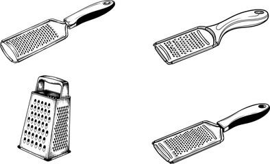 metal kitchen grater with ergonomic handle hand drawn in classic sketch style
