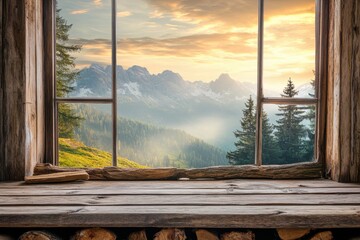 Scenic Mountain View from Rustic Wooden Window Cabin Sunrise Sky Trees Hills Image Photo Nature     