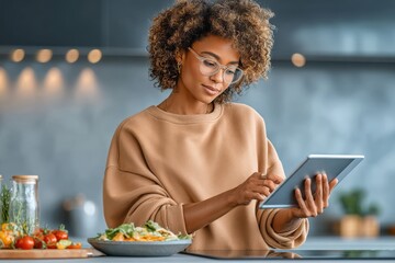 Woman using tablet to cook healthy meal in a modern kitchen