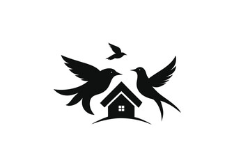 Two Lovebirds in Flight – Black Silhouette Isolated on White Background

