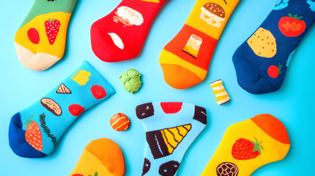 National Cheesy Socks Day concept. Quirky flat lay of colorful mismatched socks with food patterns