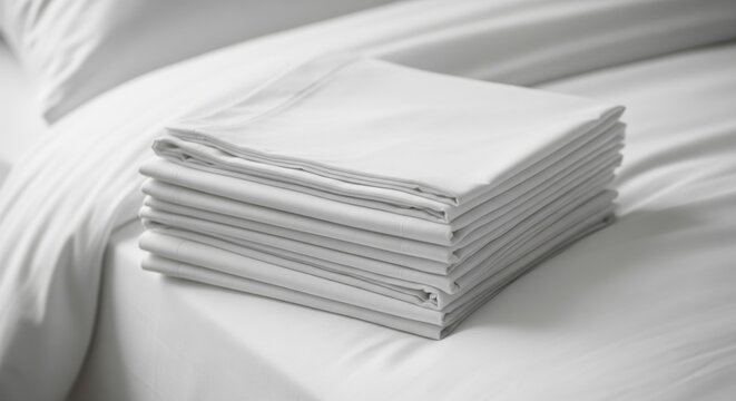 Stack of neatly folded white bed sheets on a made bed