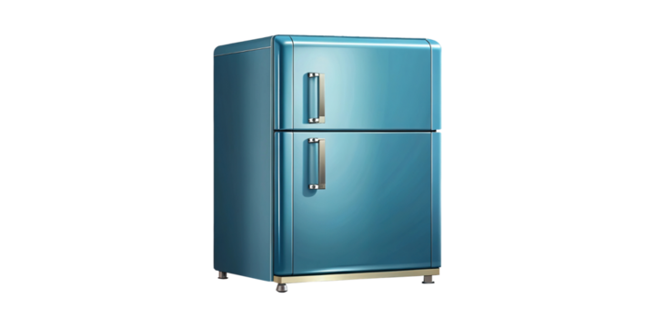 Stylish blue retro refrigerator with two doors and silver handles on white background