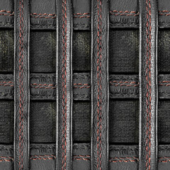 Seamless 4k photo texture material of black stitched strap leather mesh on dirty cloth.