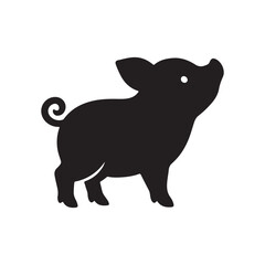 Fototapeta premium A black silhouette of a piglet standing with a curly tail on a white background looking upwards