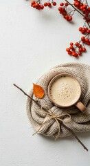 Naklejka premium Beige Knit Sweater Coffee Cup Autumn Berries Leaf Twig