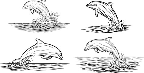 dolphin jumping in ocean in hand drawn outline sketch style
