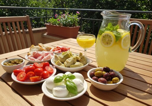 Refreshing lemonade and mediterranean appetizers on sunlit wooden patio table