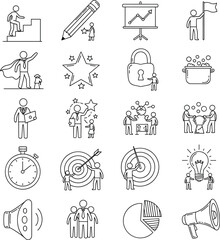 Business and growth symbols in black and white, illustrating teamwork, goals, achievement, strategy, leadership, and innovation, perfect for business concepts.