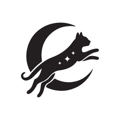 Fototapeta premium Black silhouette of a cat leaping over a crescent moon with stars on its body illustration