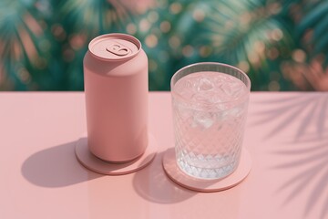 Pink Beverage Still Life: Aesthetic Soda Can and Iced Drink with Tropical Leaf Shadows for Summer Refreshment on a Monochromatic Table